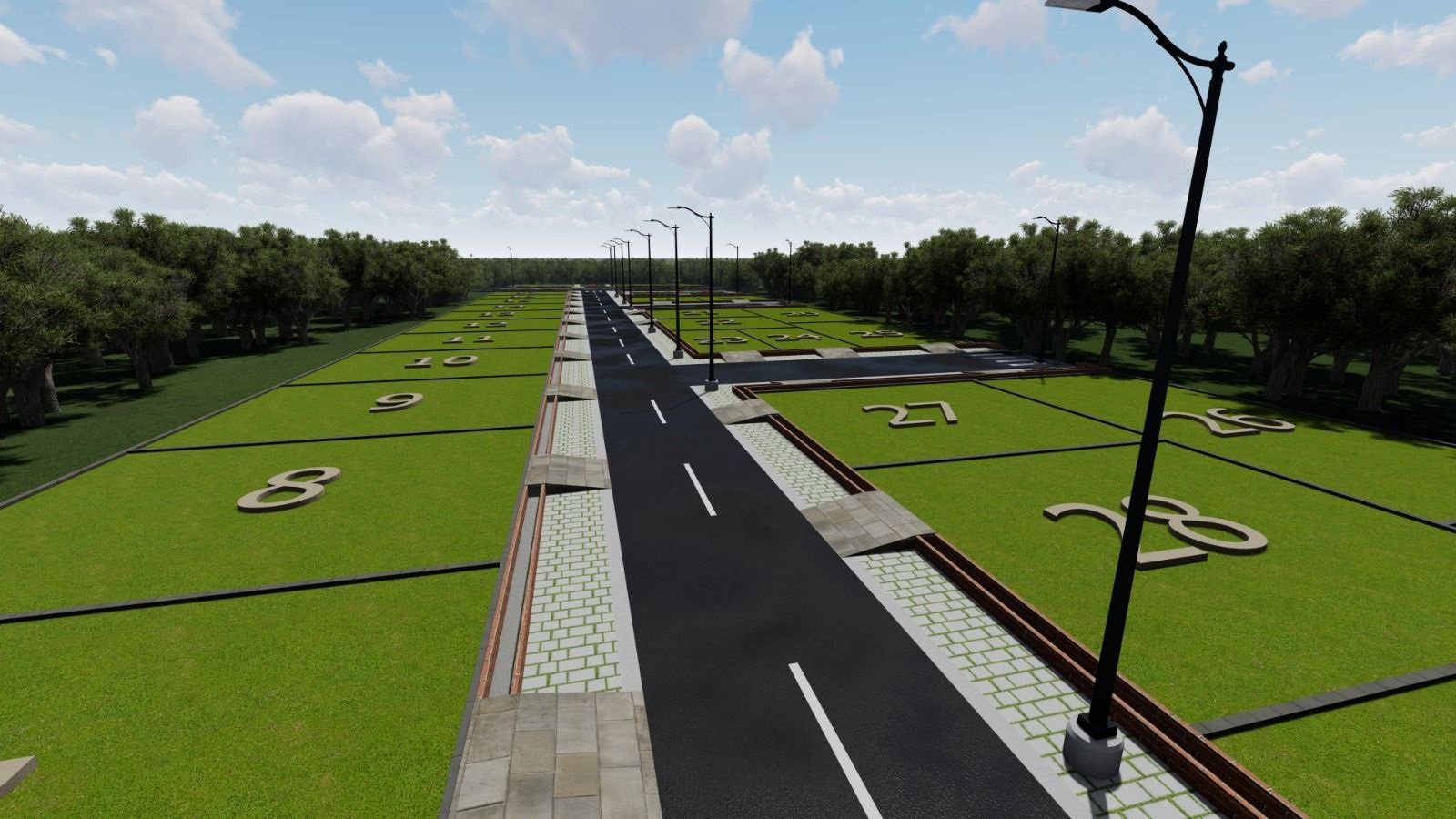 Wide Blacktop Roads and Modern Streetlights